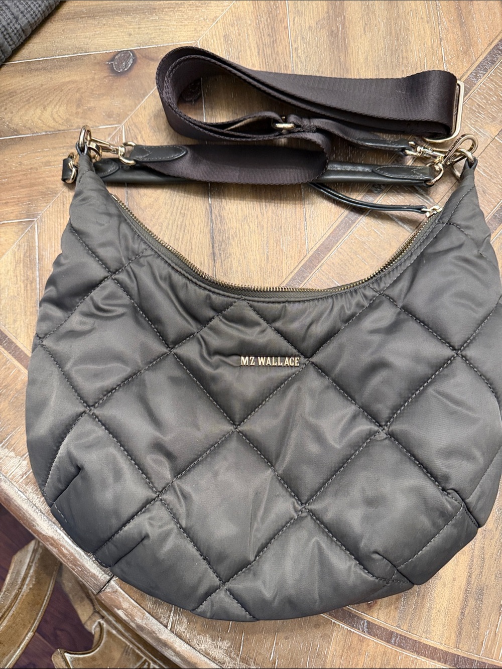 MZ Wallace Quilted Crescent Shoulder Bag in Dark Gray  with Gold Hardware